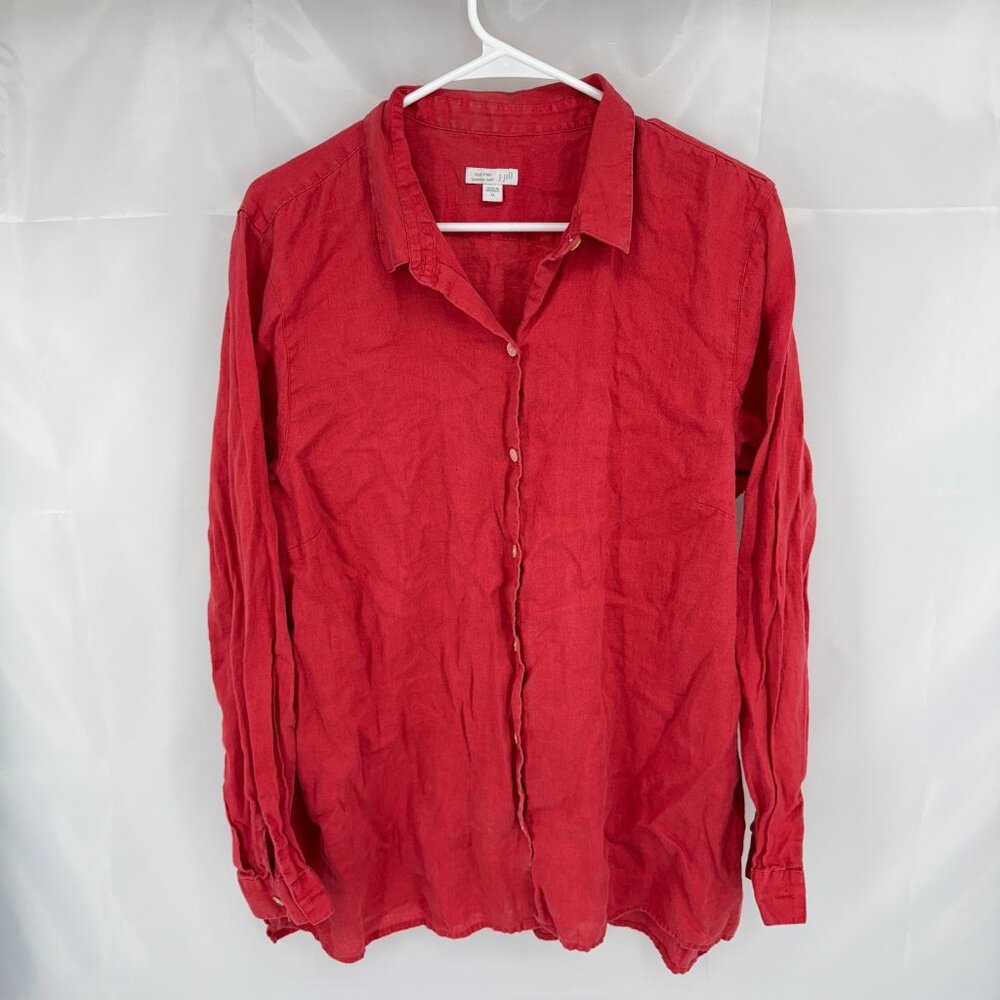 J Jill Women XL Love Linen Shirt Button Front Red Long Sleeve Breathable Blouse